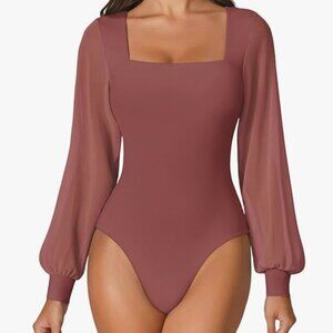 Double Lined Long-sleeve Leotard Bodysuit with Mesh Puff Sleeves